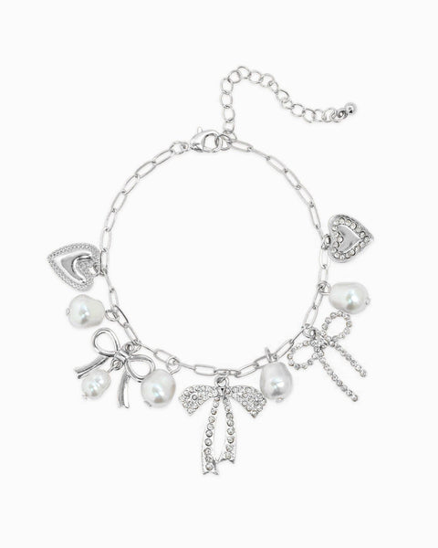 Multi Pearl Bow Charm Bracelet: Rhodium