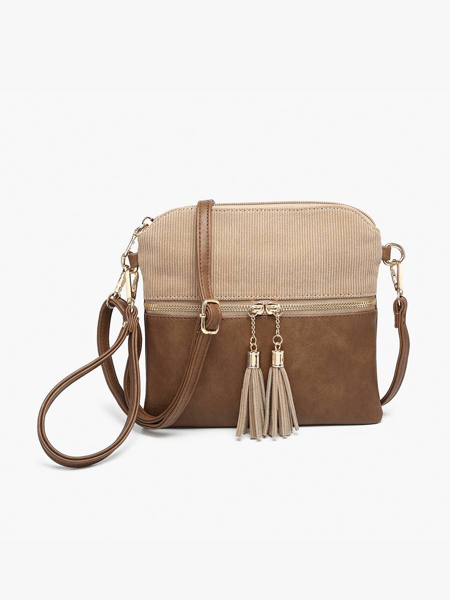 Corduroy Dual Zip Crossbody: Khaki/Brown
