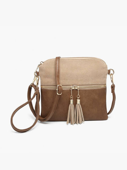 Corduroy Dual Zip Crossbody: Khaki/Brown