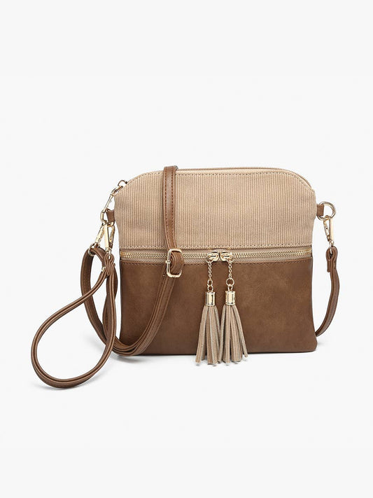 Corduroy Dual Zip Crossbody: Khaki/Brown