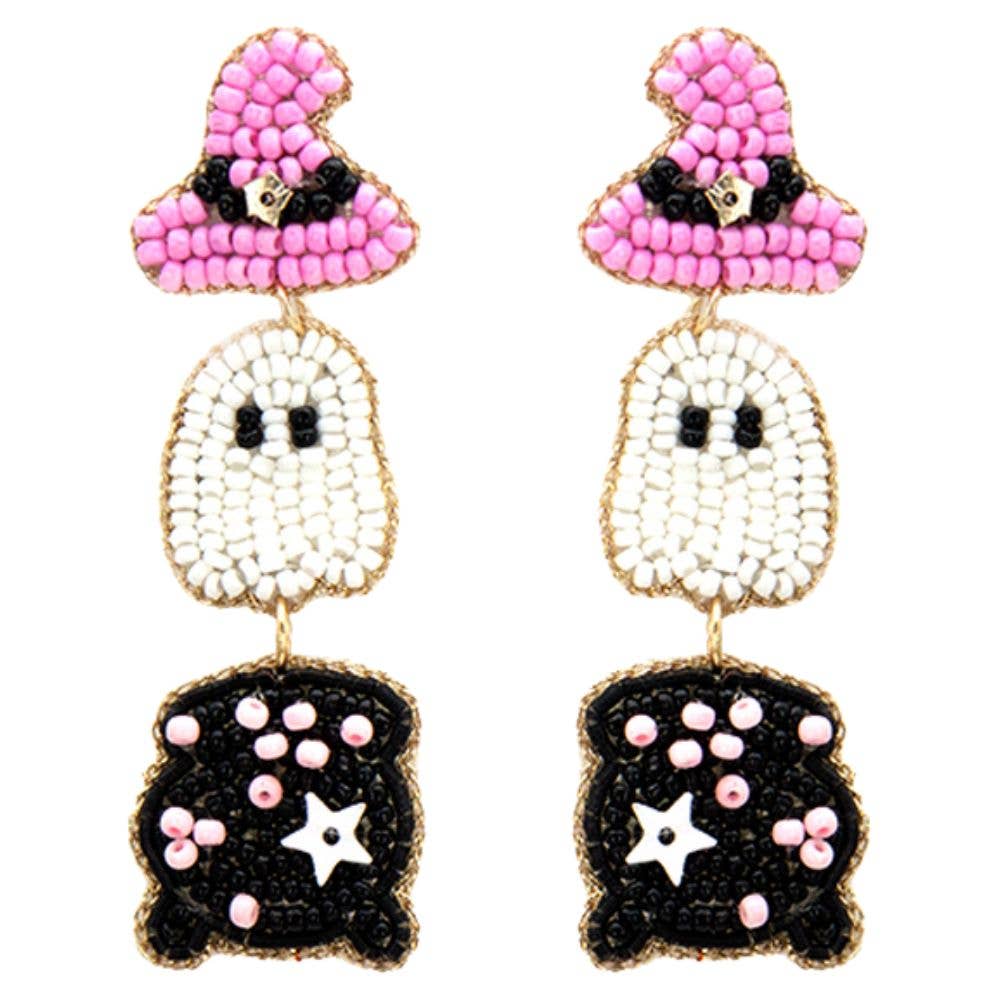 Pink Spirit Sparkle - Boo Ghost Seed Bead Halloween Earring
