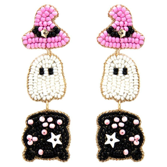 Pink Spirit Sparkle - Boo Ghost Seed Bead Halloween Earring