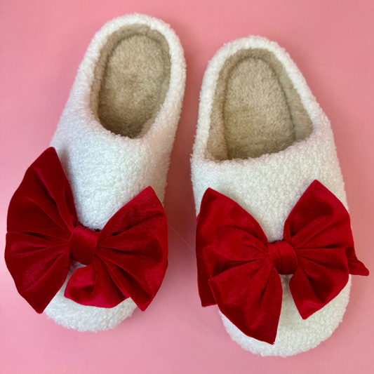 Cozy Bow Slippers- White/Red - Preorder Jess Lea - Alie's Boutique
