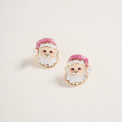 Santa’s Sparkle Pearl Studs – Glitter Santa Face Christmas Earrings - Alie's Boutique