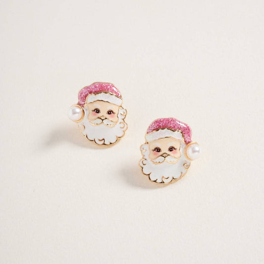 Santa’s Sparkle Pearl Studs – Glitter Santa Face Christmas Earrings - Alie's Boutique