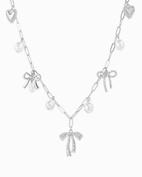 Multi Pearl Bow Charm Silver Necklace