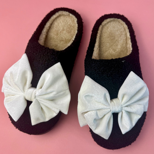 Cozy Bow Slippers- Black/White- Preorder - Alie's Boutique