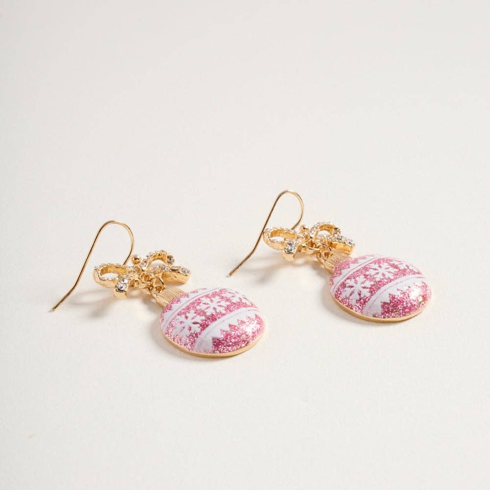 Pink Twinkle Ornament Earrings – Rhinestone Ribbon Christmas Hook Drops - Alie's Boutique