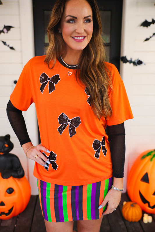 Better Bow-lieve It - Orange & Black Sequin Tee