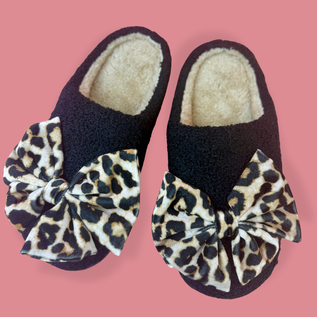 Cozy Bow Slippers- Black/Leopard - Preorder Jess Lea - Alie's Boutique