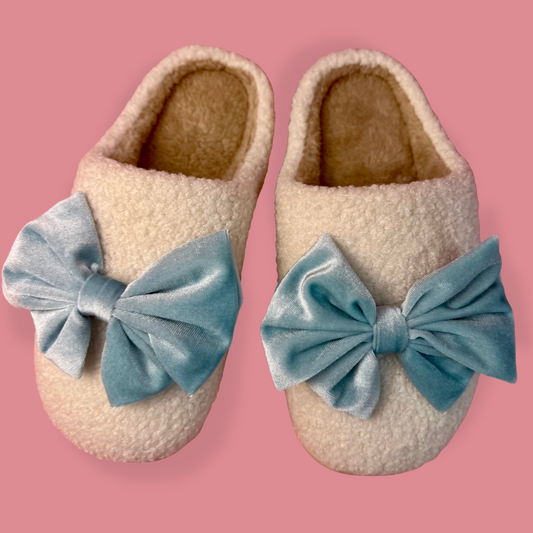 Cozy Bow Slippers- White/Aqua - Preorder Jess Lea - Alie's Boutique