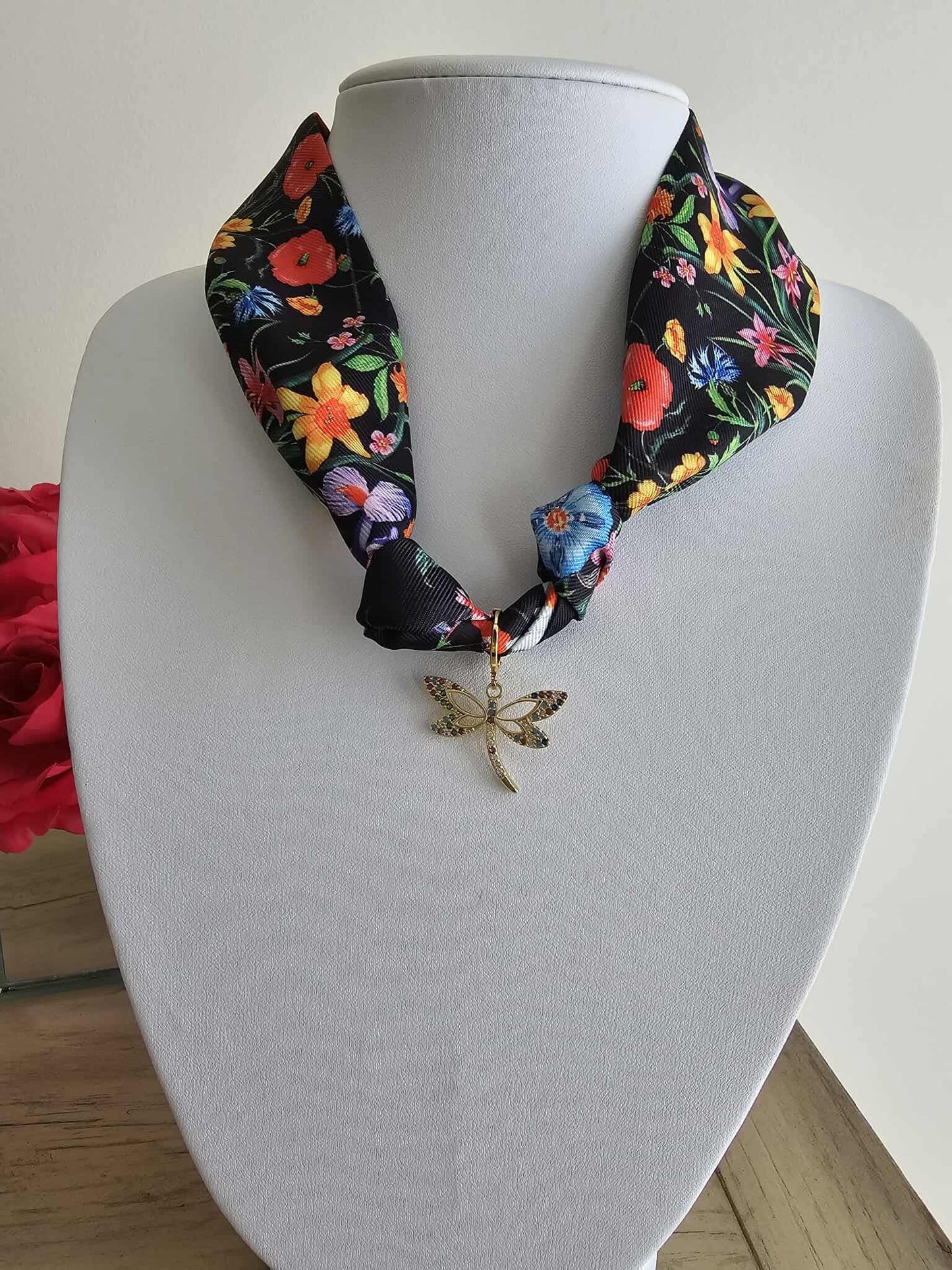 Exclusive Dragonfly & Black Floral Scarf Necklace Charm