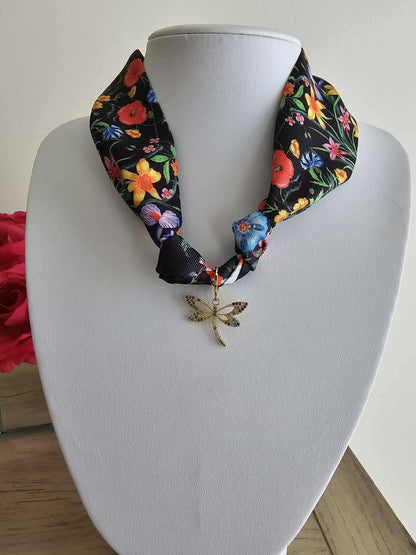 Exclusive Dragonfly & Black Floral Scarf Necklace Charm