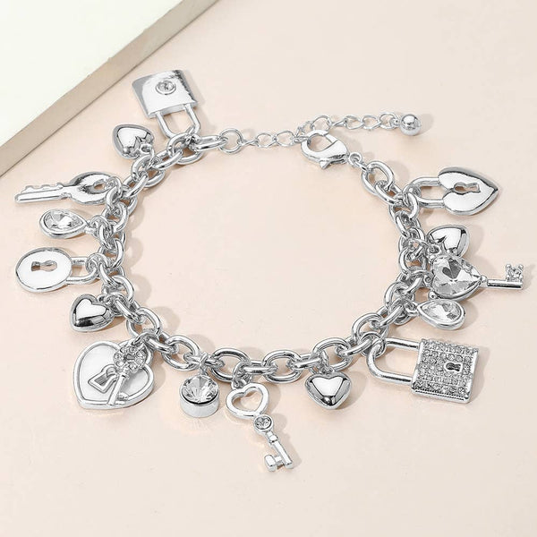 Heart Key and Lock Charm Station Bracelet: Silver