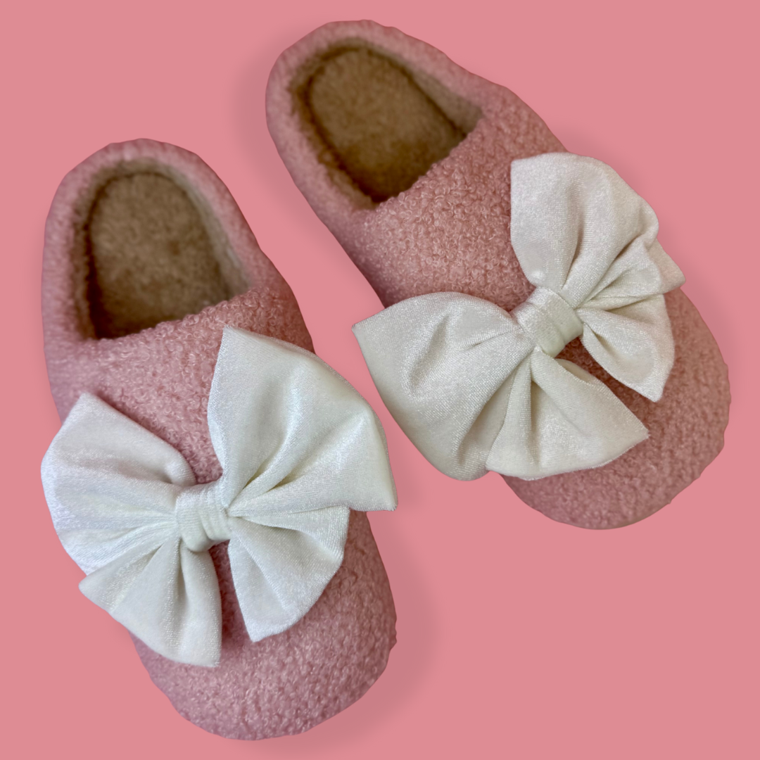 Cozy Bow Slippers- Pink/White - Preorder Jess Lea - Alie's Boutique
