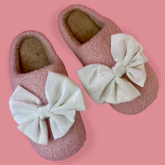 Cozy Bow Slippers- Pink/White - Preorder Jess Lea - Alie's Boutique