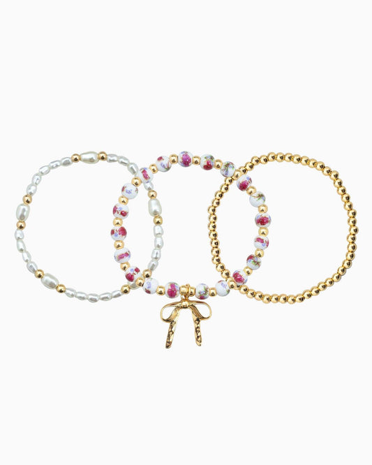 Ceramic Bead Stretch Bracelet Set of 3 – Pink with Bow Charm