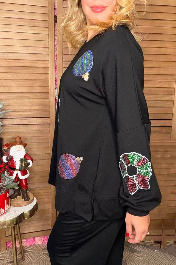 Sequin Holiday Sparkle Pullover with Side Slit – Black - Alie's Boutique