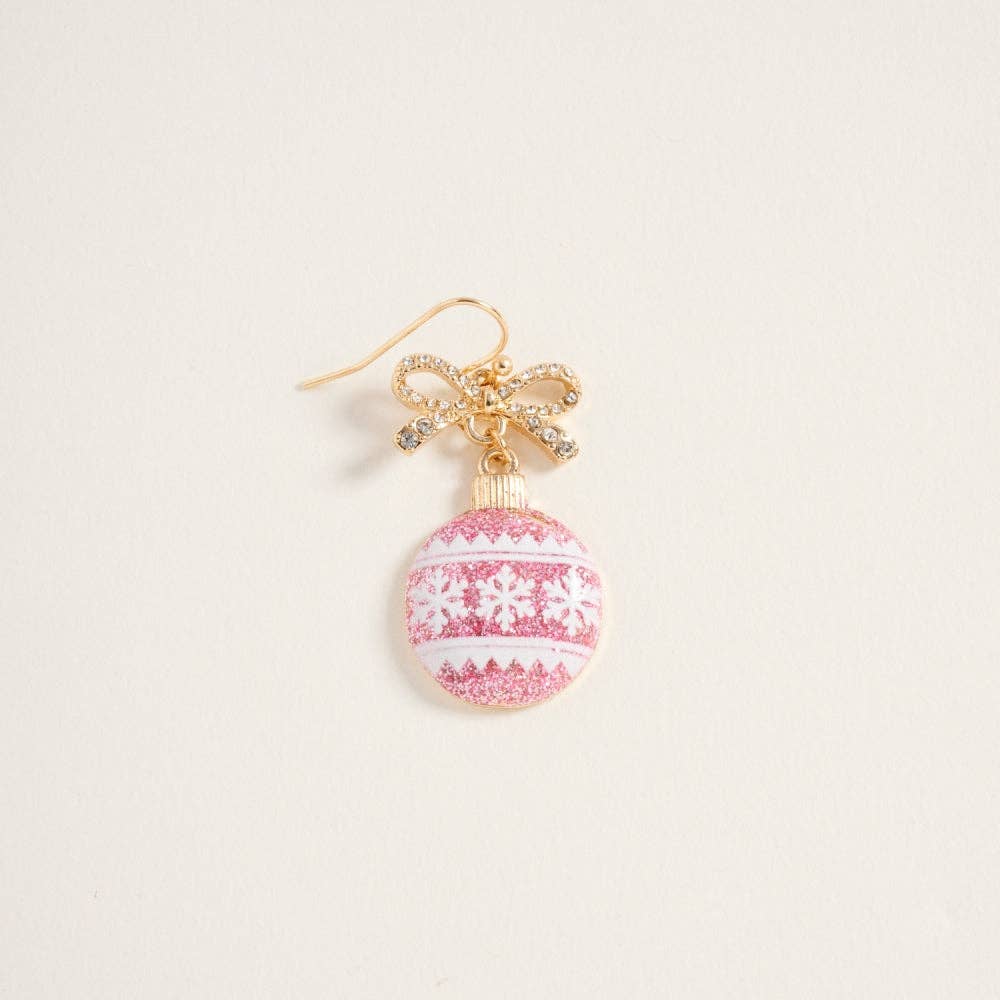 Pink Twinkle Ornament Earrings – Rhinestone Ribbon Christmas Hook Drops - Alie's Boutique