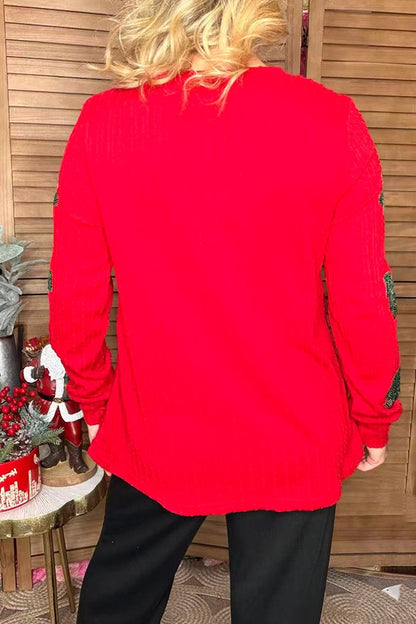 Sequin Christmas Tree Cable Knit Pullover- Red