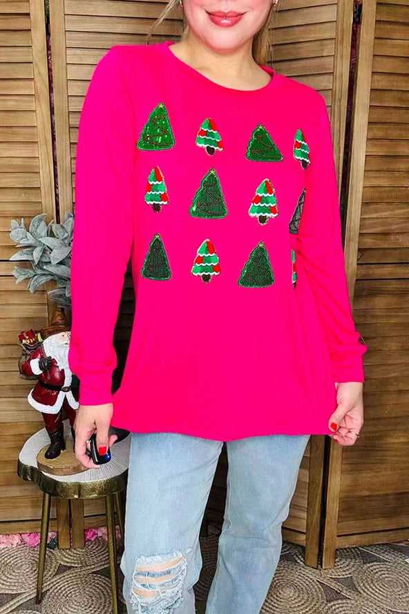 Sequin Christmas Tree Pullover- Hot Pink