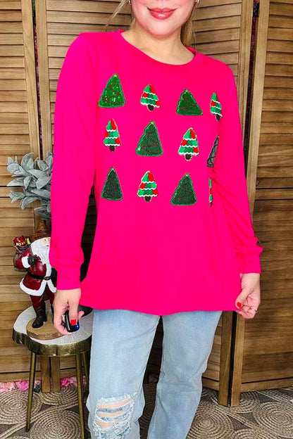 Sequin Christmas Tree Pullover- Hot Pink
