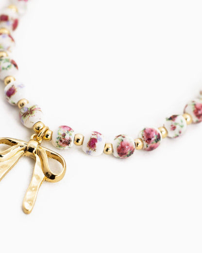 Ceramic Grace- Pink Bead Bow Pendant Necklace