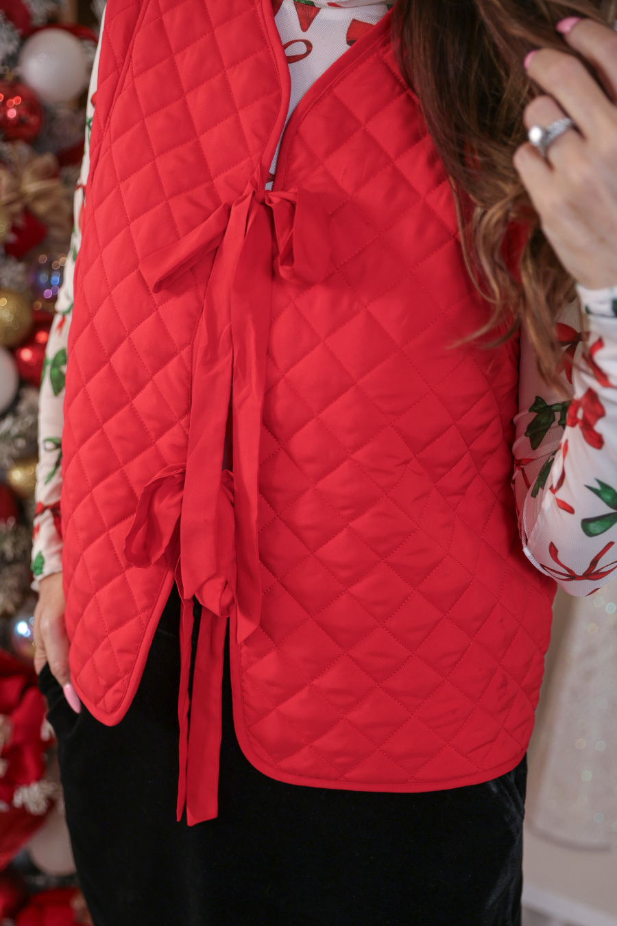 Twila Quilted Tie Vest- Red - Alie's Boutique