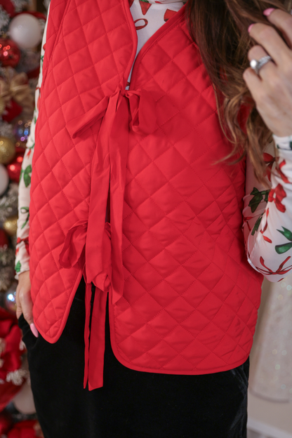 Twila Quilted Tie Vest- Red - Alie's Boutique