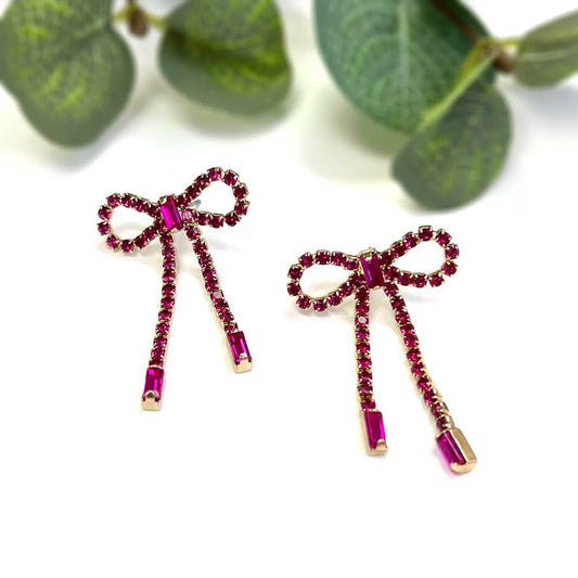 Rhinestone Ribbon Knot Bow Post Earrings: Fuchsia - Alie's Boutique