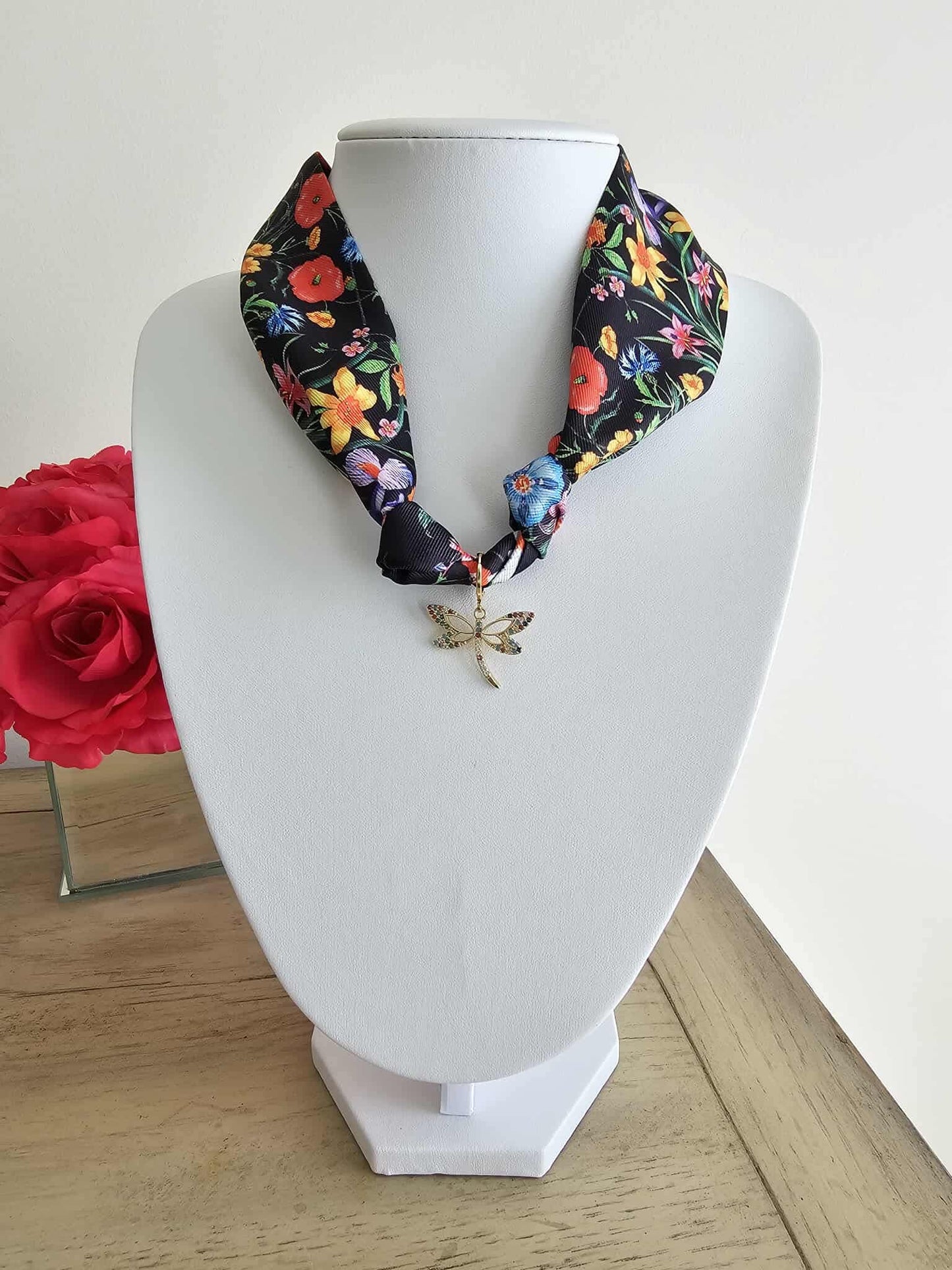 Exclusive Dragonfly & Black Floral Scarf Necklace Charm
