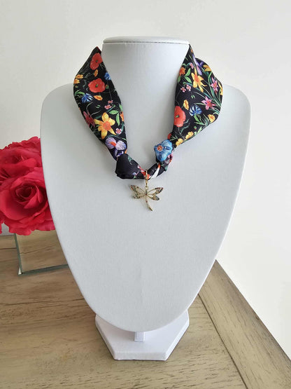 Exclusive Dragonfly & Black Floral Scarf Necklace Charm
