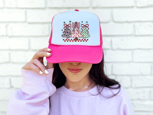 Christmas Tree Trio – Pink Holiday Trucker Hat