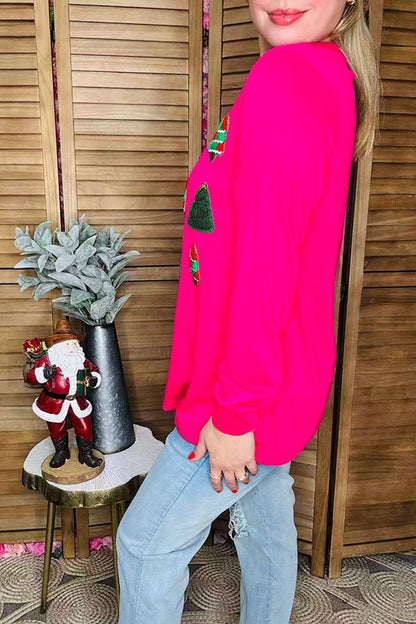 Sequin Christmas Tree Pullover- Hot Pink