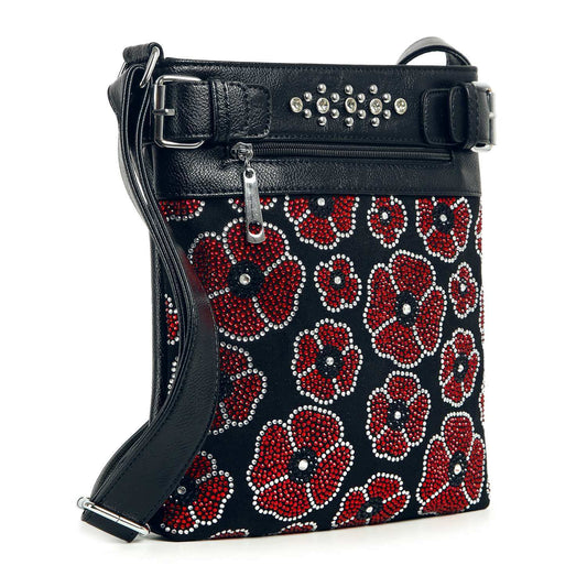 Black handbag with red floral pattern and silver accents on a white background
