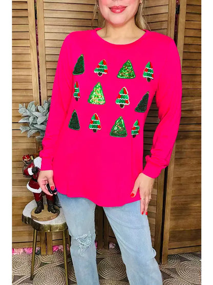 Sequin Christmas Tree Pullover- Hot Pink