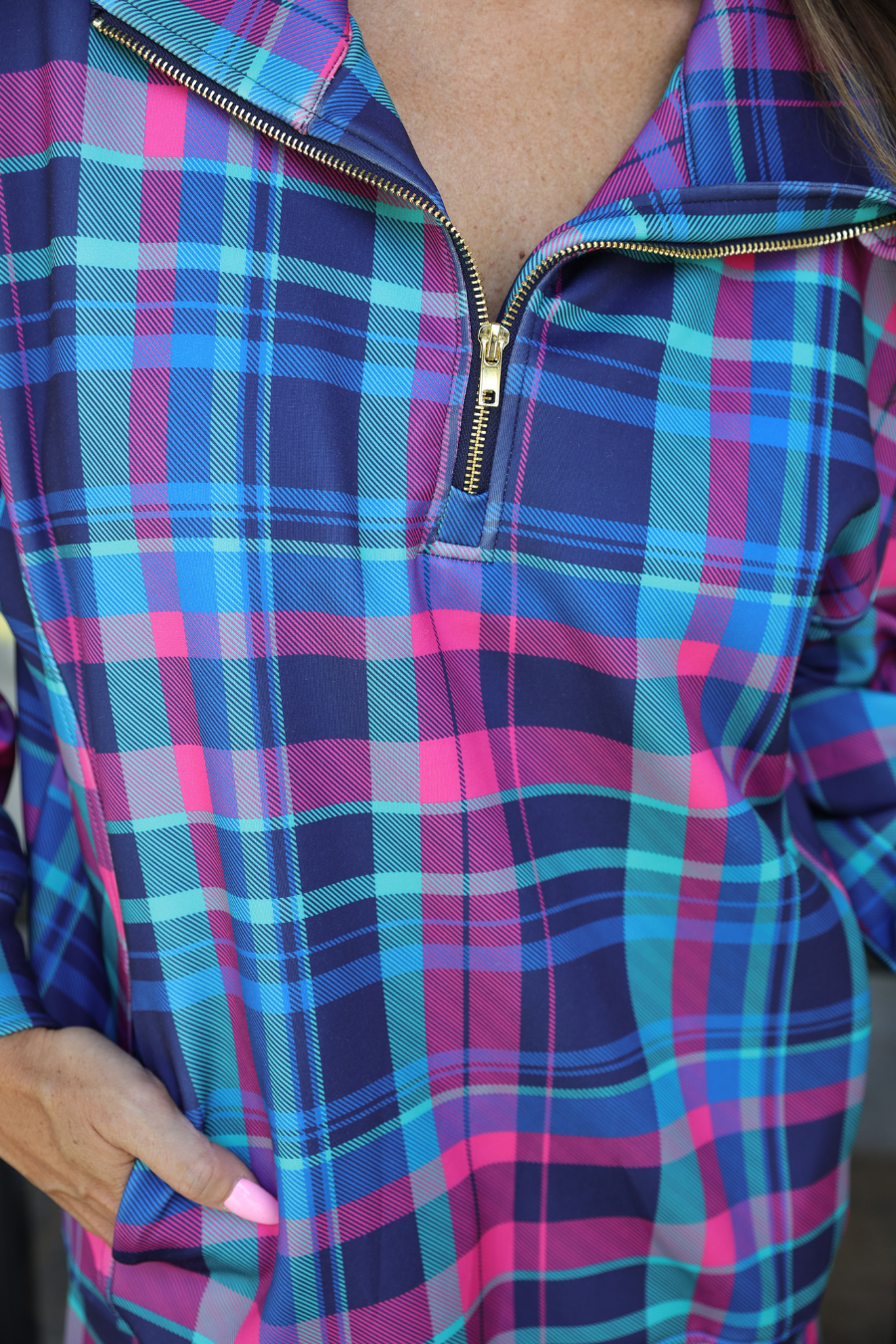 Everyday Pullover- Navy/Pink Plaid Pop