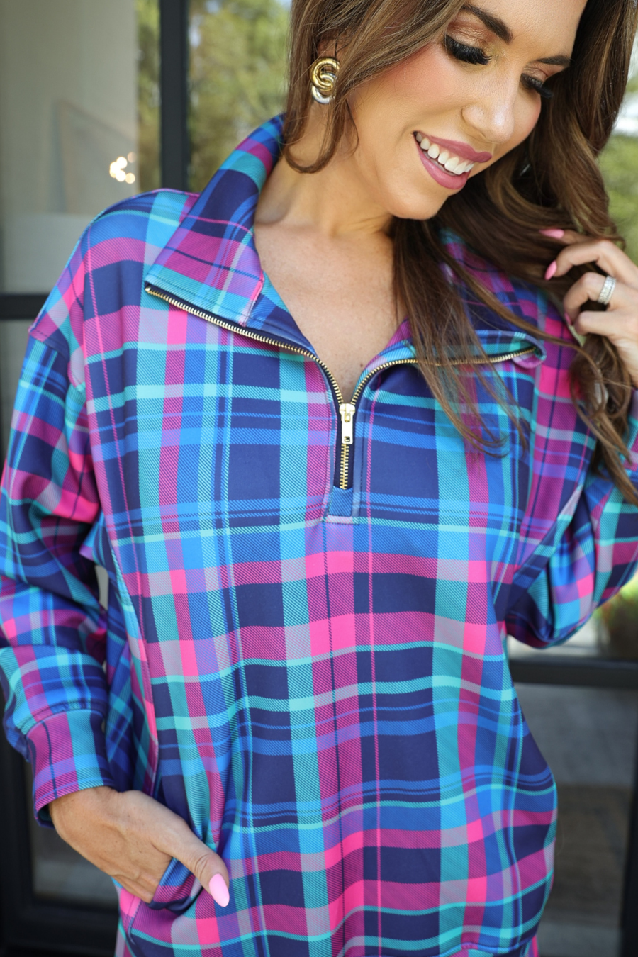 Everyday Pullover- Navy/Pink Plaid Pop