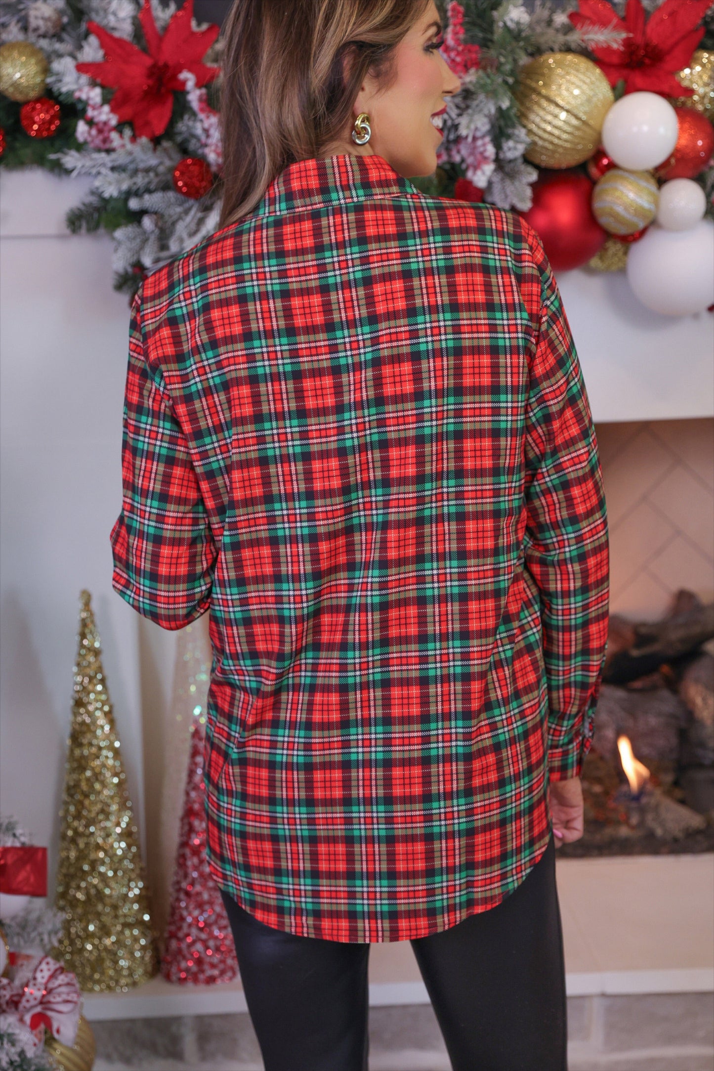 Nina Button Up Tunic- Christmas Plaid - Alie's Boutique