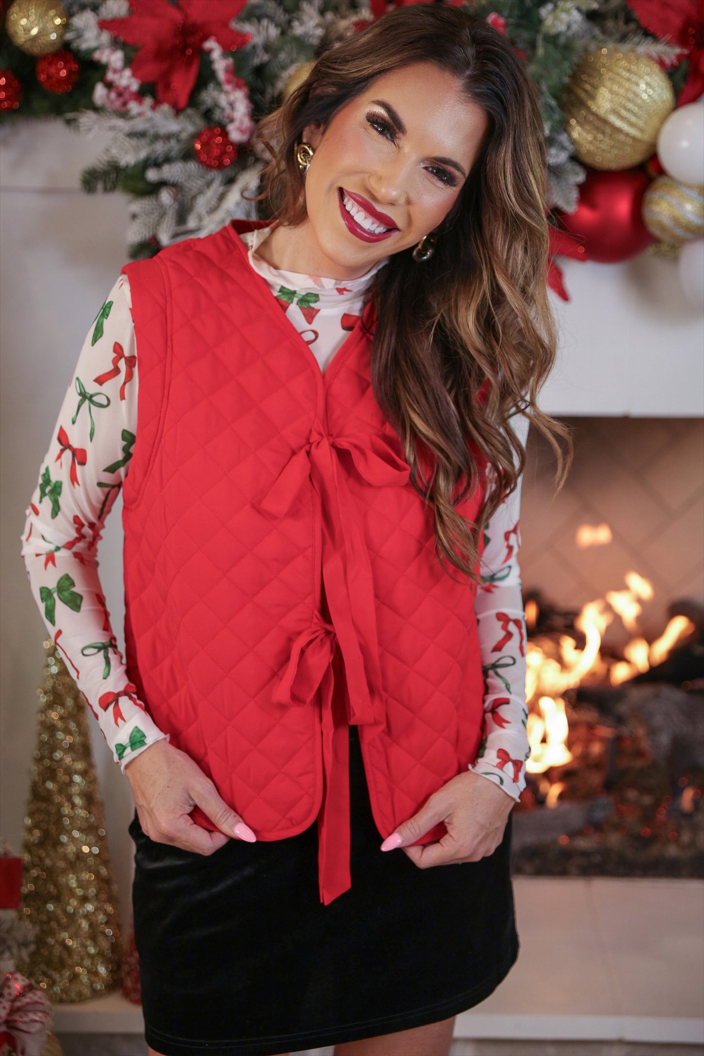 Twila Quilted Tie Vest- Red - Alie's Boutique