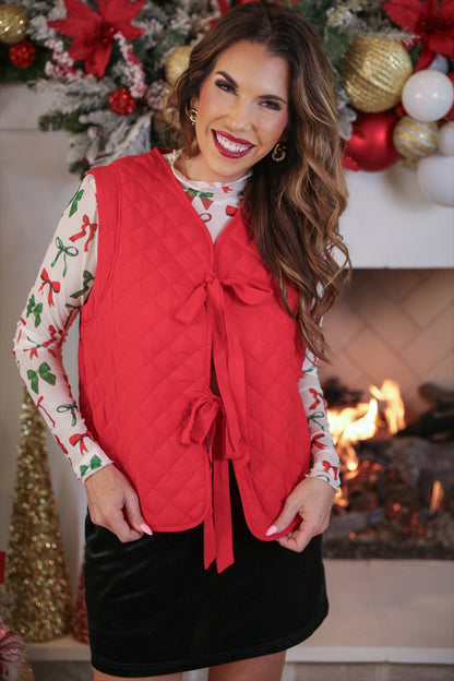Twila Quilted Tie Vest- Red - Alie's Boutique