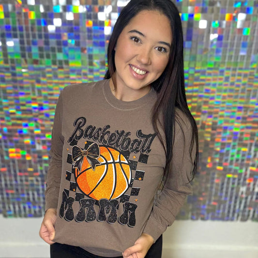 Basketball Mama Bow Long Sleeve Graphic Tee