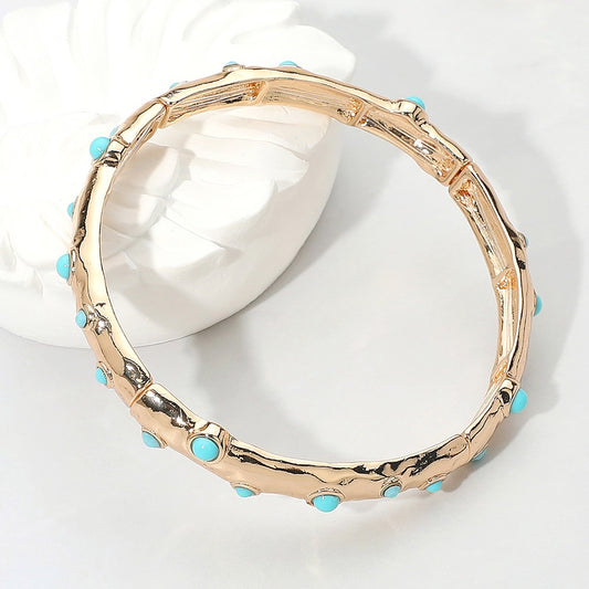 Molten Muse – Gold & Turquoise Stone Embellished Hammered Metal Bar Beaded Stretch Bracelet - Alie's Boutique