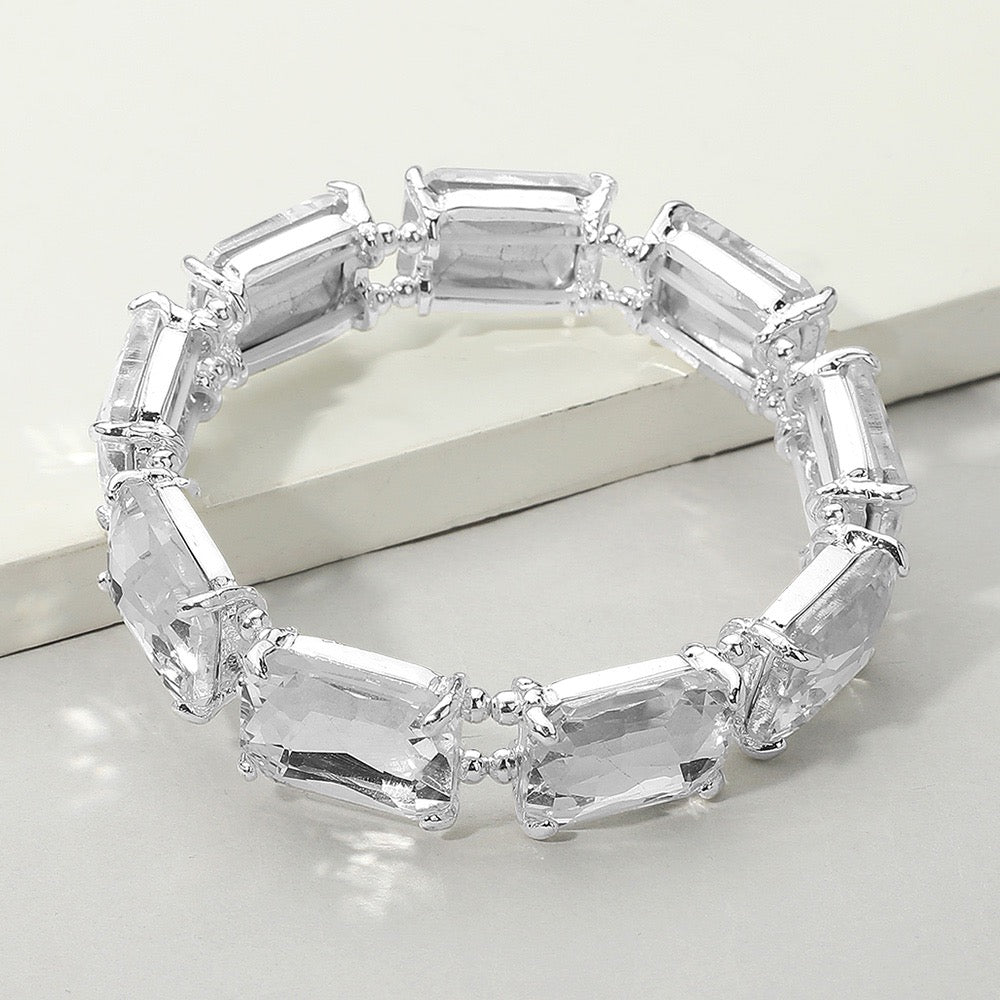 Boldly Bejeweled – Clear & Silver Cut Stone Stretch Evening Bracelet