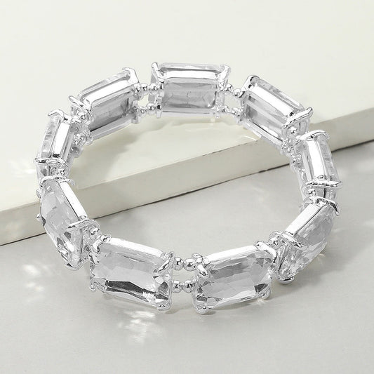 Boldly Bejeweled – Clear & Silver Cut Stone Stretch Evening Bracelet