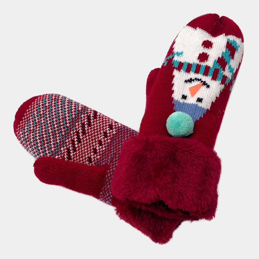 Red mittens with a snowman design on a white background