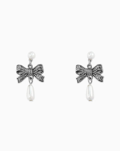 Antique Western Bow Pearl Drop Earrings: Rhodium