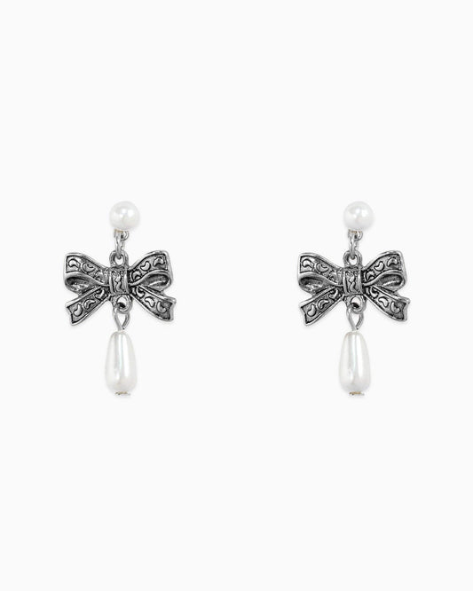Antique Western Bow Pearl Drop Earrings: Rhodium