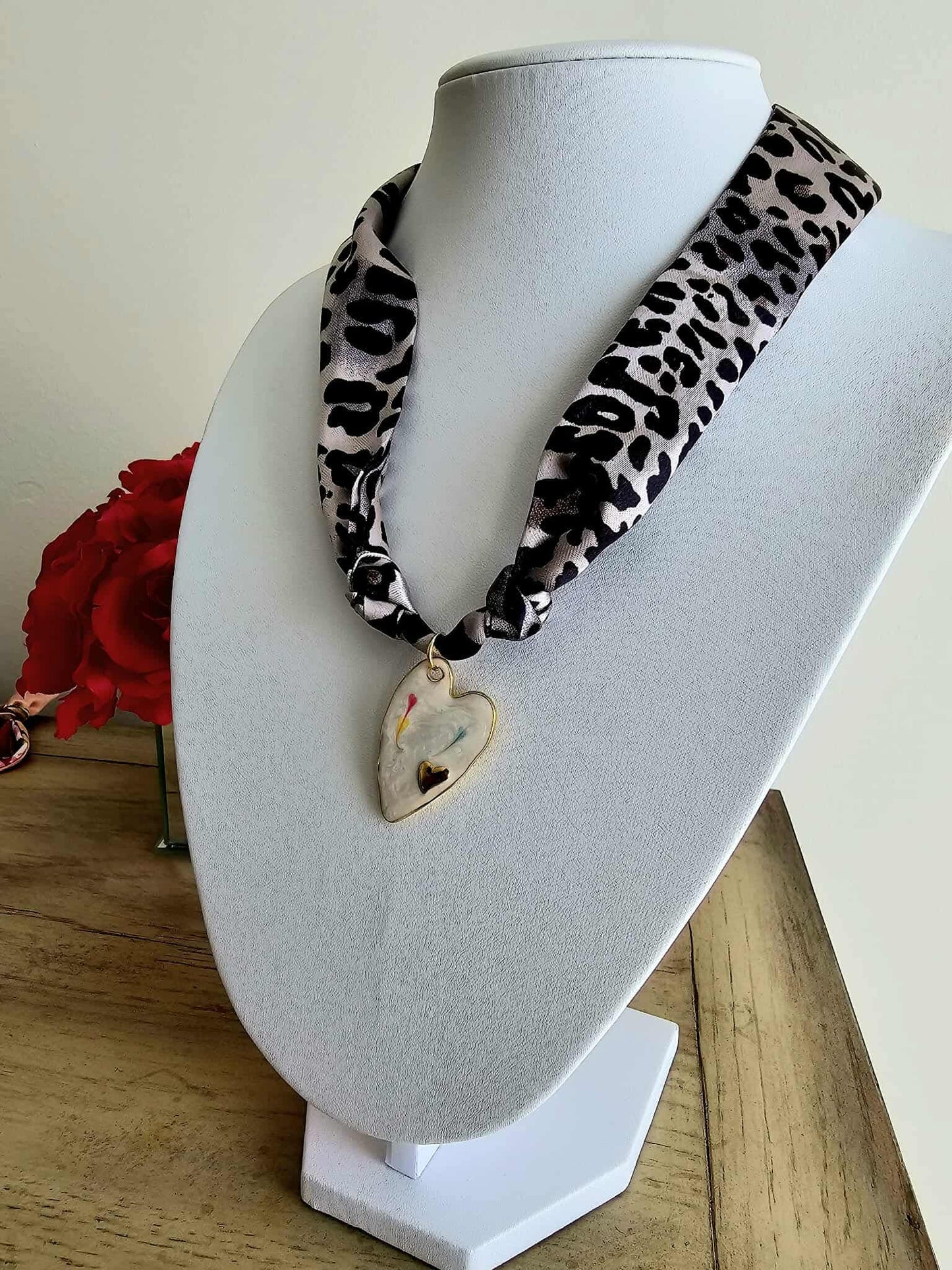 Exclusive Leopard Scarf Necklace – 18k Gold White Enamel Heart Charm