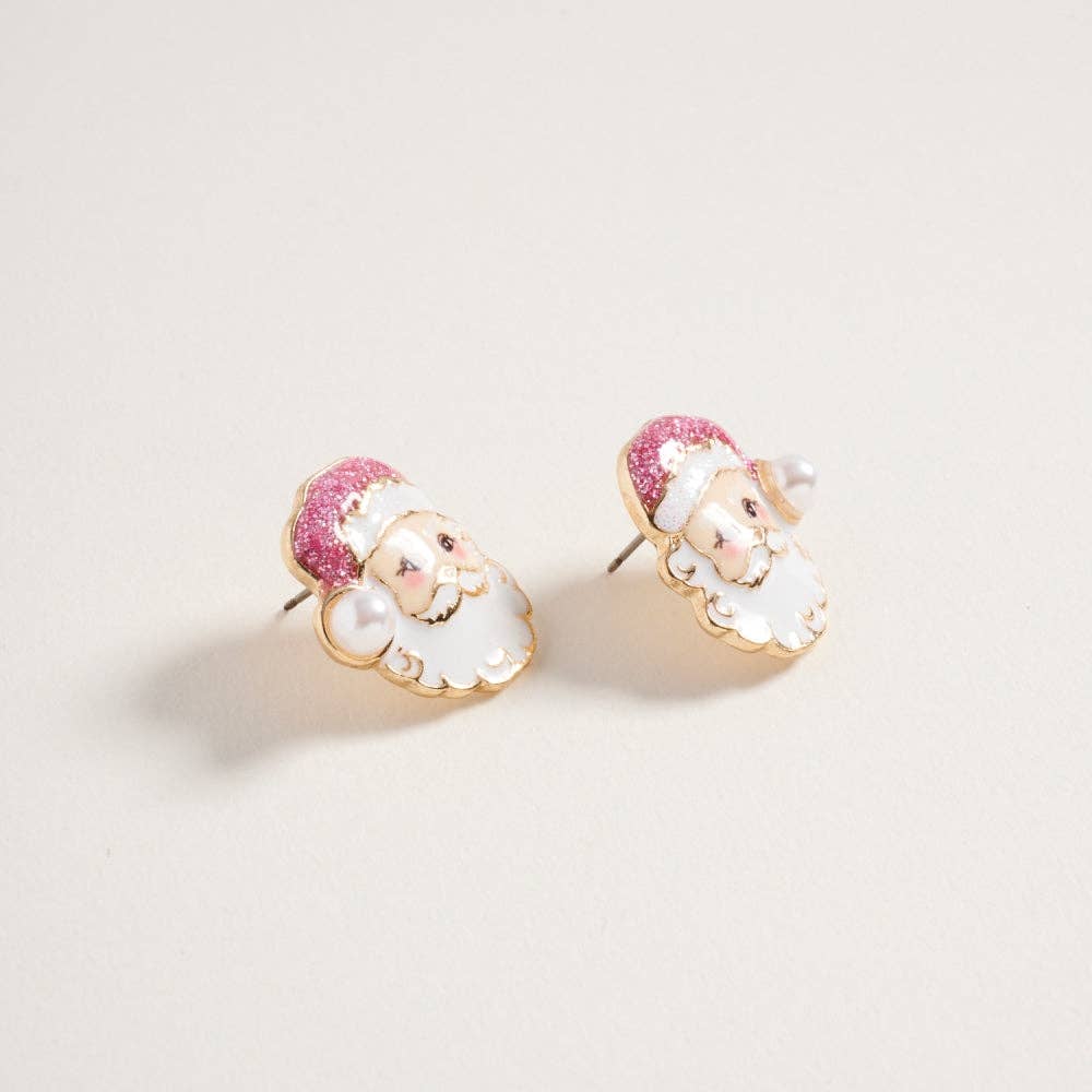 Santa’s Sparkle Pearl Studs – Glitter Santa Face Christmas Earrings - Alie's Boutique